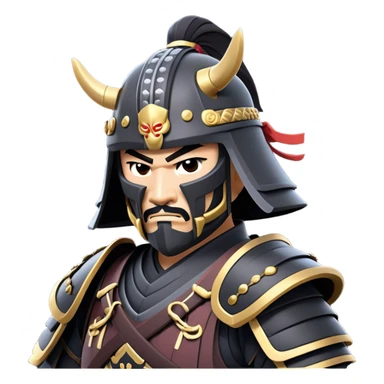 clash-of-clans-aesthetic_-cinematic-fearsome-and-majestic-samurai-bust-portrait-emoji, rendered in a flat, vector-style with minimal shading and bold, simplified shapes typical of emoji art, depicting a battle-hardened samurai with black mask and traditional black Japanese armor. The samurai is riding a noble grey warhorse adorned with an intricately designed saddle and fluttering banners and a rising sun. a samurai on a   horse sticker
