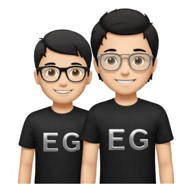 2 boys both wearing black t-shirts with the letters EDG, one wearing silver rectangular glasses, black hair, smiling; the other with black hair smiled brightly sticker