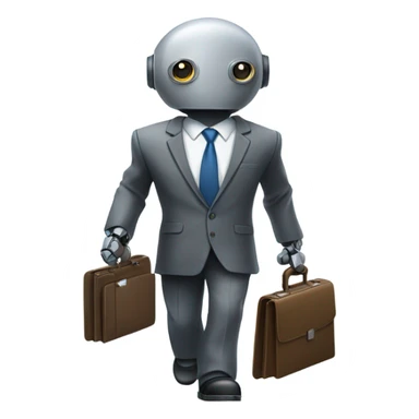 Robot with a business suit and briefcase walking into work with message “living the dream” sticker