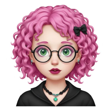 . Gothic girl with pink curly hair, round glasses, septum piercing, nostril piercing, almond eyes, blueish green eyes, sticker