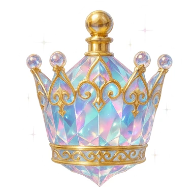 crystal luxurious elixir bottle shaped like a crown, pastel gradient, lots of shine, facets, ornaments, golden details, magical effects, very small golden neck, transparent background, beautiful connected base, clearly floating in the air, no base or shadow, very luxurious, interesting design, fits a collection sticker