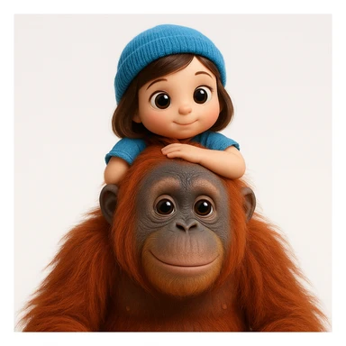 {
  "rendering": "3D rendered digital illustration",
  "materials": "high-detail textures with realistic material rendering",
  "lighting": "studio lighting with soft diffused shadows",
  "shading": "soft ambient occlusion, subsurface scattering on skin",
  "forms": "rounded smooth forms",
  "background": "clean white background",
  "eyes": "glossy reflective eyes",
  "colors": "vibrant saturated colors",
  "surface_detail": "detailed surface textures including fur strands and fabric weave",
  "animal_proportions": "naturalistic proportions for animals and objects",
  "human_proportions": "cute stylized proportions with large expressive eyes for human characters only",
  "subject": "orangoutang"
} sticker