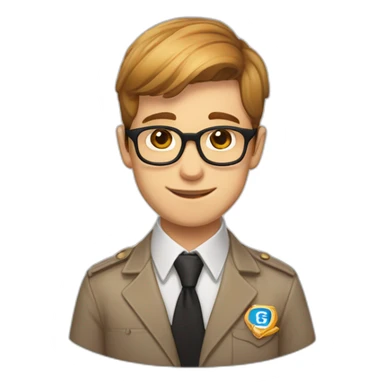 Light brown hair boy with glasses, with a white elegant shirt and a badge with the word "Carmelo - GFT" on it sticker