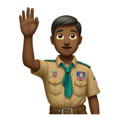 Boy-scout with his right hand up with palm facing front, with fingers straight except the thumb that is positioned over a bent pinky sticker