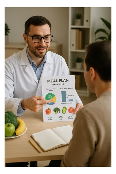 a nutritionist sits at a desk with a client, showing a personalized meal plan and a chart that clearly displays the client’s specific daily caloric deficit. The nutritionist points to the chart, which includes recommended calories, macronutrient breakdown, and healthy food options. The mood is professional, supportive, and educational. in italiano sticker