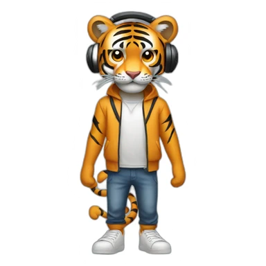 tiger standing on 2 feet wearing headphones sticker