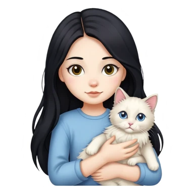 A girl with long black hair holding a cute ragdoll cat sticker