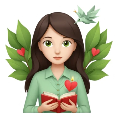 Gentle woman with fair skin, long dark brown hair, green eyes, light green blouse, holding a book to her chest. Surrounded by a heart, paper crane, leaves, and candle. Waist-up, front-facing sticker