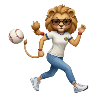 friendly anthropomorphised female lion wearing a baseball shirt, jeans, trainers, dark sunglasses, jogging upright, dominant confident expression sticker