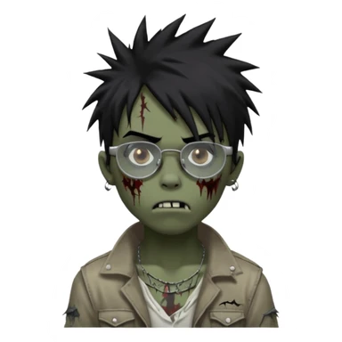 Boy, zombie, black hair, medium long, spiky hair, emo, shaggy, dark, spooky, creepy expression emoji, add transparent glasses, a risk on the eyebrow, some tattos sticker