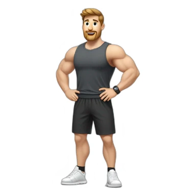 Full height Actively gesturing with hands Pale skinned Fit Man With the biceps and brown hair in dark gray Sleeveless Mike, black oversize sports shorts, watch and white Sneakers sticker