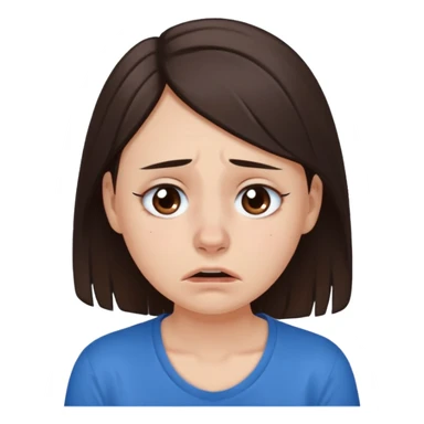 white young curly long hair girl, dark brown hair, with a blue shirt, in despair crying, brown eyes, septum nose piercing sticker