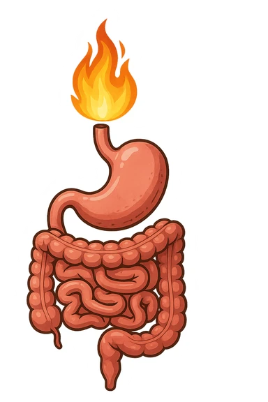 intestino e stomaco sono collegati, con una fiamma che brucia sopra, isolate su sfondo bianco sticker