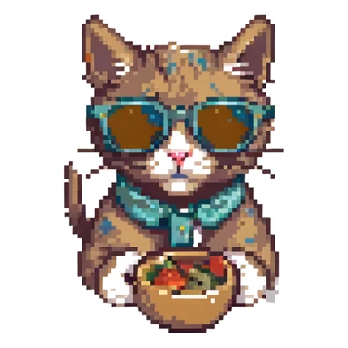 cat with sunglasses eating a mouse, pixel art style sticker