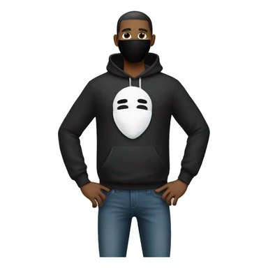 a man with tight stacked jeans that has a white tag sticking out and wearing a black hoodie with a face mask  sticker