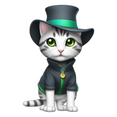 wearing a hat cuddly light white and grey domestic shorthair tabby with green and blue eyes black pupils, walking and playing wearing a cute costume female sticker