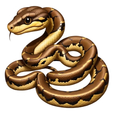 A photo-realistic top-down view of a Ball Python gently coiled into a tight spiral, with its head resting peacefully at the center. Its scales are warm brown with bold, irregular black markings, including the distinctive “alien-head” pattern, flowing smoothly along its body.  sticker