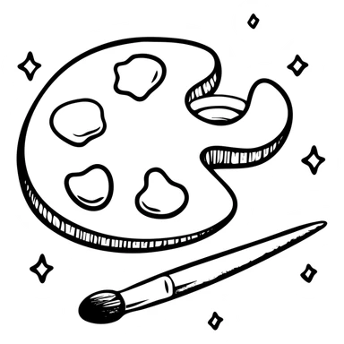 Detailed artist's palette with colorful paint blobs, palette holes, and paintbrushes nearby. Detailed hand-drawn icon style. sticker