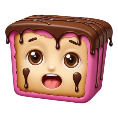 Rectangular chocolate mini pastry, slightly messy, wide shocked eyes, open mouth, chocolate dripping, text above: "ПАСТИЧКА", chibi style, Twitch emoji style, transparent background, colorful

 sticker