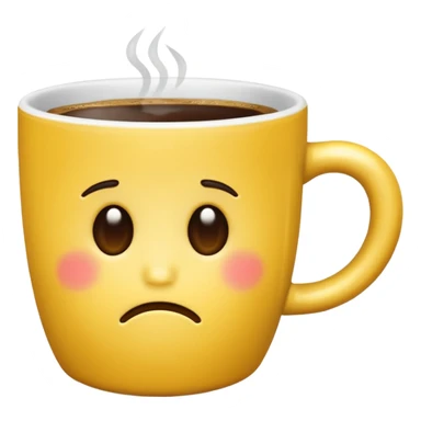 classic yellow emoji of a coffee cup with side-swept emo bangs and a sad face sticker