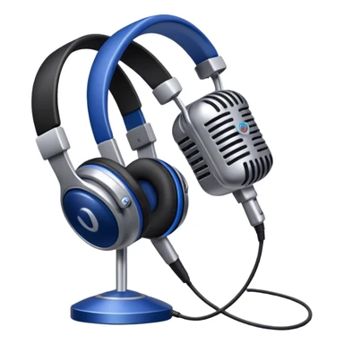 Create a sleek and professional emoji that represents voice acting and dubbing equipment. The design should feature a high-quality microphone, a sound mixer or audio interface, and headphones to symbolize the recording and technical process. Include elements like a soundproof booth or audio cables to reflect the studio environment. Use a modern, clean design with colors like silver, black, and dark blue to represent the professional side of voice acting. The background should be transparent. sticker