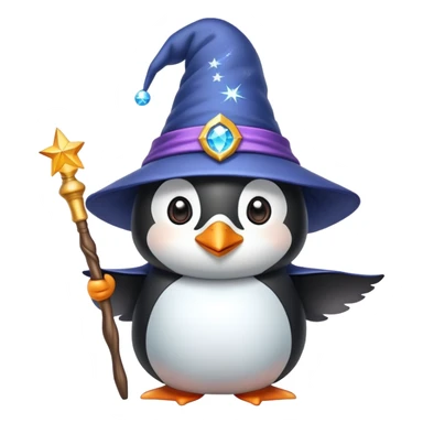 A cute penguin wearing a wizard hat and holding a magic wand sticker