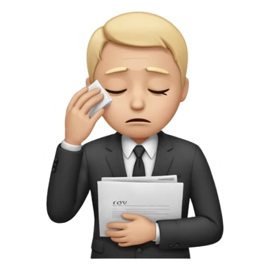  emoji character wearing a interview clothoes. face has a very sad crying, disappointed expression with drooping eyebrows and half-closed eyes. posture is dejected, with slumped shoulders. just rejected from  interview to get a job, holding CV. dont make it old person and dont specify any gender. sticker