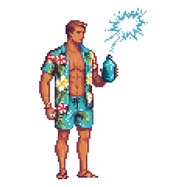 human male Unbuttoned Hawaiian shirt, swim trunks, shaking a cocktail shaker (sparks flying), with a drink sticker