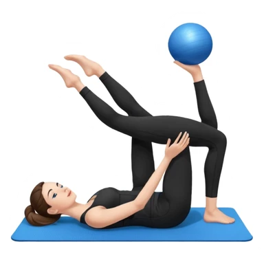 generate a pretty woman in black gym clothes doing pilates on a blue mat with a small blue ball sticker