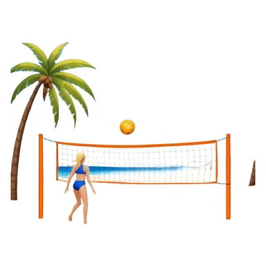 A volleyball resting on the orange sand of a beach, with a volleyball net in the background. The scene includes a beautiful beach landscape with blue sea, sky, and palm trees, while a couple of women in swimsuits play in the distance, capturing the relaxed yet competitive vibe of beach volleyball. sticker