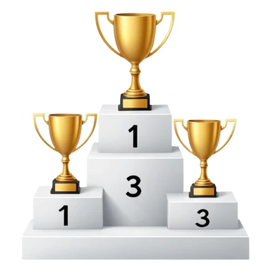 Create an emoji of a podium with three levels. The first place should have a golden trophy, the second place should have a silver trophy, and the third place should have a bronze trophy. The trophies should be placed on white pedestal platforms, with the numbers 1, 2, and 3 clearly visible on each base. The style should be clean, modern, and minimalist sticker