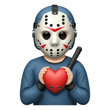 a cartoon image of Jason Voorhees, looking cute, with his hands clasped in front of him, at a sideways angle, looks like he is in love sticker
