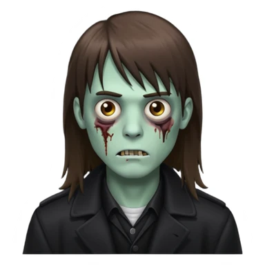 Zombie, emo guy with dark circles under his eyes and long brown hair with straight bangs, in a black long
 sticker