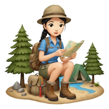 A braid black hair backpacking woman checking her map with curious eyes while walking wear camping hat and dirt covered boots full body sticker