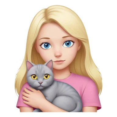 A blonde with blue eyes in a pink T-shirt hugs her big grey British cat with yellow eyes sticker