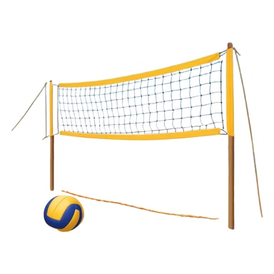 A beach volleyball net set up on the sand, with a volleyball hovering above it. The scene captures the action of a game in progress, with the sun shining brightly, beach sand stretching out, and the ocean visible in the background. sticker