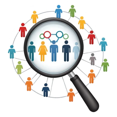 An icon featuring a network of interconnected people, a magnifying glass, and a chart, symbolizing sociology. The design includes diverse figures and social patterns, representing the study of society, behavior, and social structures. Transparent background highlights human interaction sticker