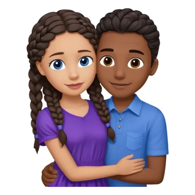 Boyfriend who is medium tan olive skinned with blue eyes and wavy straight brown hair in a blue shirt and his girlfriend who is dark skinned, juicy lipped with black braided hair and the two are hugging and smiling she’s wearing purple and she has black eyes sticker