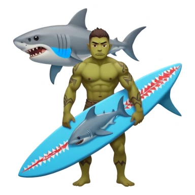 orc male holds a surfboard with a shark painted vertically in his hands sticker