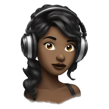 A girl with black hair with wind blowing through her hair listening to music with wire headphones and nude lipstick on sticker