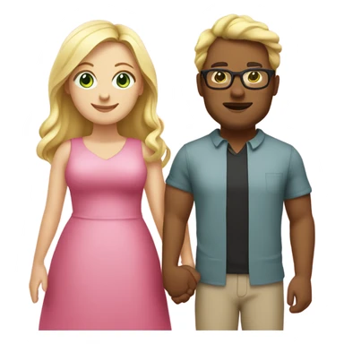 Curvy woman with long blonde hair and green eyes wearing a pink dress and holding hands with a brown man with short black hair and glasses sticker