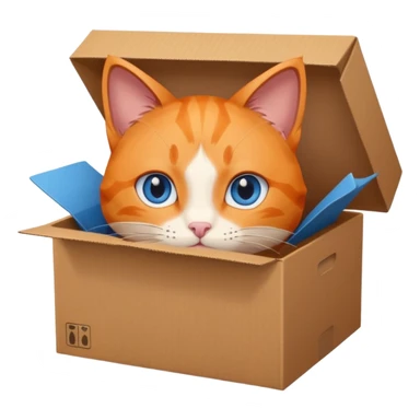 anime character cat that is orange cat, that its body is inside of a simple brown box. cats eyes are blue , but head is showing up from a box, body is inside the box. also cat is inside a lpened box sticker