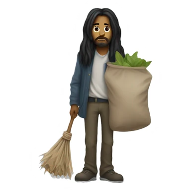 Homeless man with long straight black hair carrying a bindle sticker