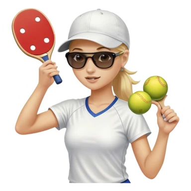 Girl with blond hair in a ponytail wearing a white baseball cap and sunglasses playing pickleball sticker
