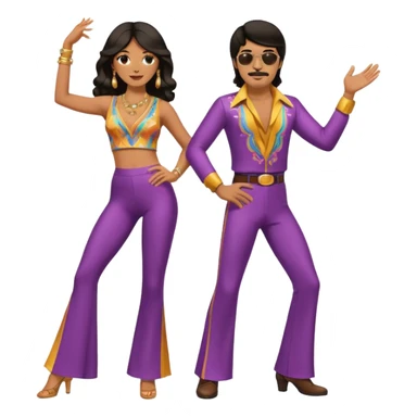 hombre y mujer bailando con ropa de disco de los 70s ambos con pantalones largos, ambos de pelo oscuro sticker