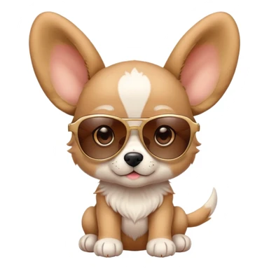 Cute puppy with oversized ears wearing sunglasses and a tiny hat sticker