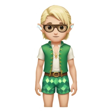 elf male legolas portrait, patterned board shorts (geometric/abstract), unique wooden-framed sunglasses, undercut hairstyle, slight smirk, visible pointy ears, no background, centered emoji, hipster summer vibe sticker