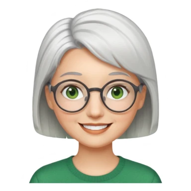 visage femme a lunettes ronde avec cheveux courts gris-blancs aux yeux verts qui souris sticker