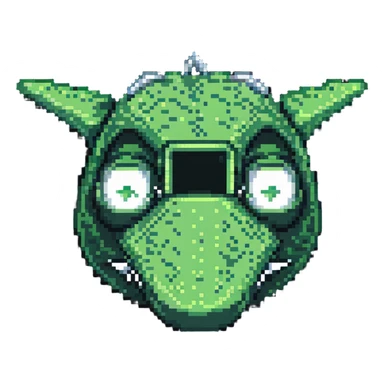 crocodile head as airplane nose, green and silver, pixel art style sticker