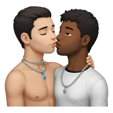 White adult dark hair male kissing black adult male with silver chocker necklace,  full body view,  sticker